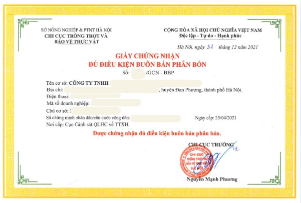 (Mẫu Giấy chứng nhận đủ điều kiện buôn bán phân bón)